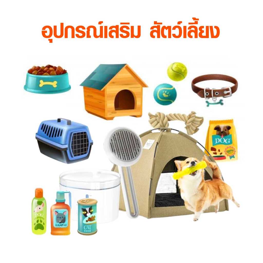อุปกรณ์เสริมสัตว์เลี้ยงหลากหลายชนิด เช่น บ้านสุนัข ชามอาหาร กรงพกพา ของเล่น แชมพู สายจูง และเต็นท์สำหรับสัตว์เลี้ยง