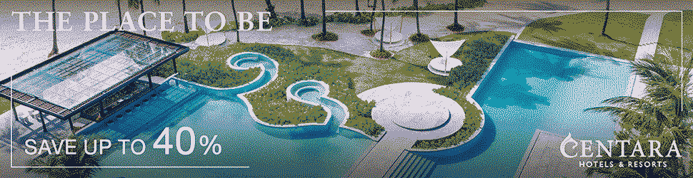 ภาพรีสอร์ทหรู Centara กลางทะเลสีฟ้าใส พร้อมข้อความ The Place to Be และปุ่ม Book Now