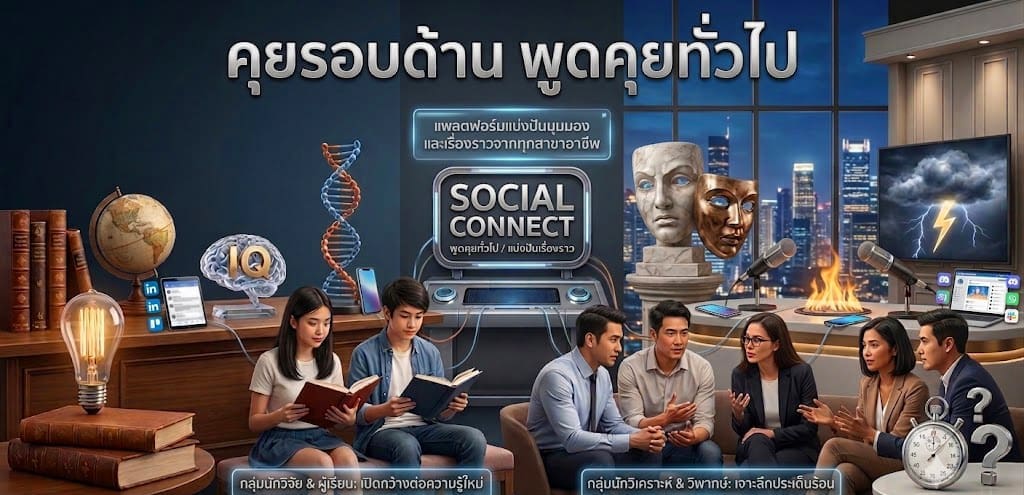 นี่คือข้อมูลสำหรับนำไปลงเว็บไซต์ของรูปภาพ 006.jpg โดยจัดทำเป็นภาษาไทยตามรูปแบบที่คุณต้องการครับ: Alternative Text (ข้อความอธิบายภาพสำหรับผู้พิการทางสายตาหรือเมื่อภาพไม่แสดงผล) ภาพแบนเนอร์โปรโมทแพลตฟอร์ม SOCIAL CONNECT แสดงกลุ่มคนสองกลุ่ม กลุ่มฝั่งซ้ายคือวัยรุ่นที่กำลังศึกษาหาความรู้ท่ามกลางสัญลักษณ์ทางวิทยาศาสตร์และการเรียนรู้ กลุ่มฝั่งขวาคือวัยทำงานที่กำลังนั่งล้อมวงพูดคุยวิเคราะห์ประเด็นต่างๆ โดยทั้งสองกลุ่มถูกเชื่อมโยงกันด้วยแพลตฟอร์มส่วนกลาง