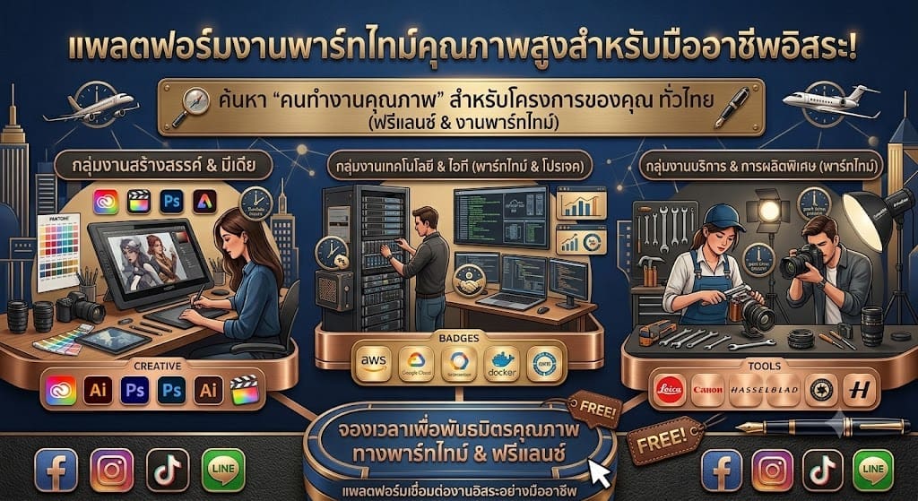 แบนเนอร์แพลตฟอร์มหาฟรีแลนซ์และงานพาร์ทไทม์คุณภาพสูง ครอบคลุมสายงานสร้างสรรค์ เทคโนโลยี ไอที งานบริการ และช่างภาพ ทั่วไทย