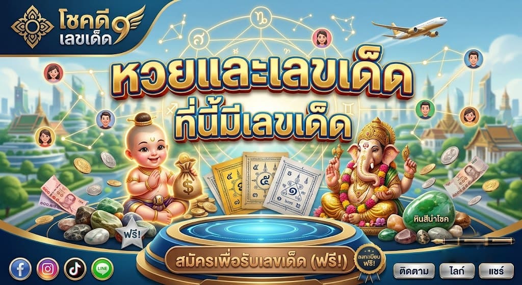 แบนเนอร์ โชคดีเลขเด็ด 9 ศูนย์รวมหวยและเลขเด็ดนำโชค พร้อมรูปกุมารทอง พระพิฆเนศ และเครื่องรางหินสีนำโชค สำหรับสมัครรับเลขเด็ดฟรี