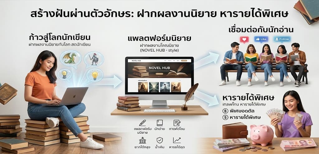 ภาพอินโฟกราฟิกหัวข้อ "สร้างฝันผ่านตัวอักษระ: ฝากผลงานนิยาย หารายได้พิเศษ" แสดงผังขั้นตอนการเป็นนักเขียนออนไลน์ เริ่มจากผู้หญิงพิมพ์งานผ่านแล็ปท็อป ส่งเข้าแพลตฟอร์มเว็บไซต์ NOVEL HUB เพื่อเชื่อมต่อกับกลุ่มนักอ่าน และนำไปสู่การสร้างรายได้พิเศษ